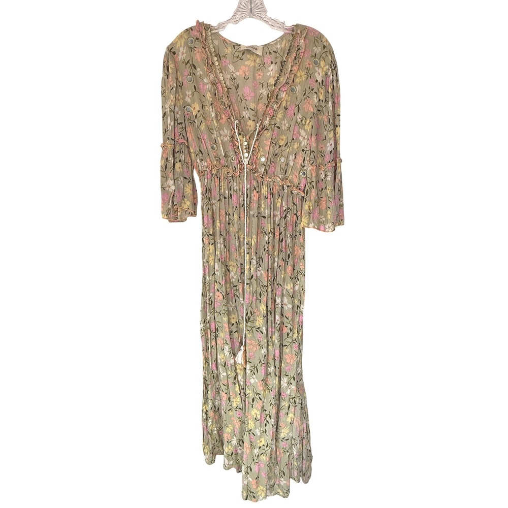 Papa Pia Sage Green Floral Gauze Maxi Dress Mirror Work Tassel Boho Bell Sleeve